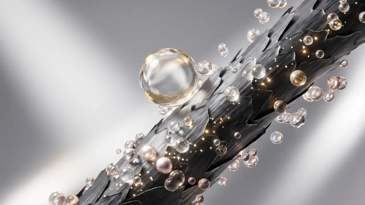 3D illustration of a hair fiber with raised cuticles and water droplets representing hair porosity.