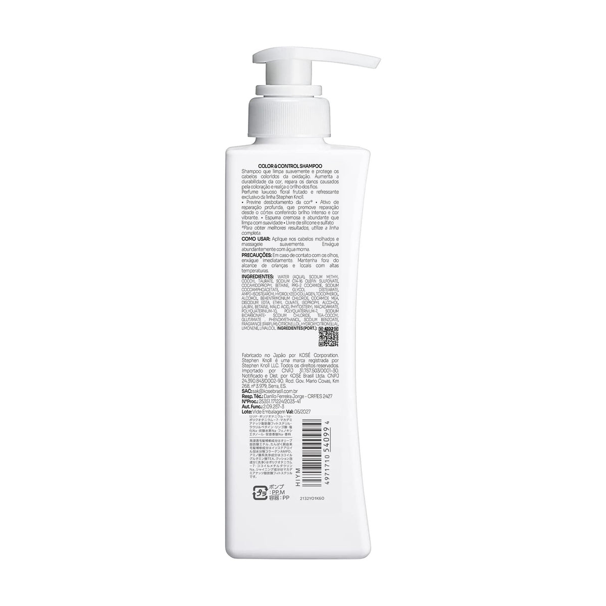Stephen Knoll Color & Control Shampoo, 500 ml bottle, back label with ingredients