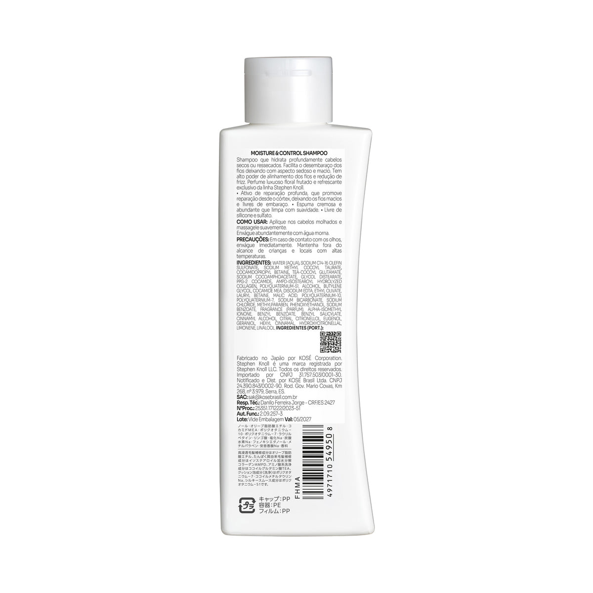 Stephen Knoll Moisture & Control Shampoo, 250 ml bottle, back label with ingredients