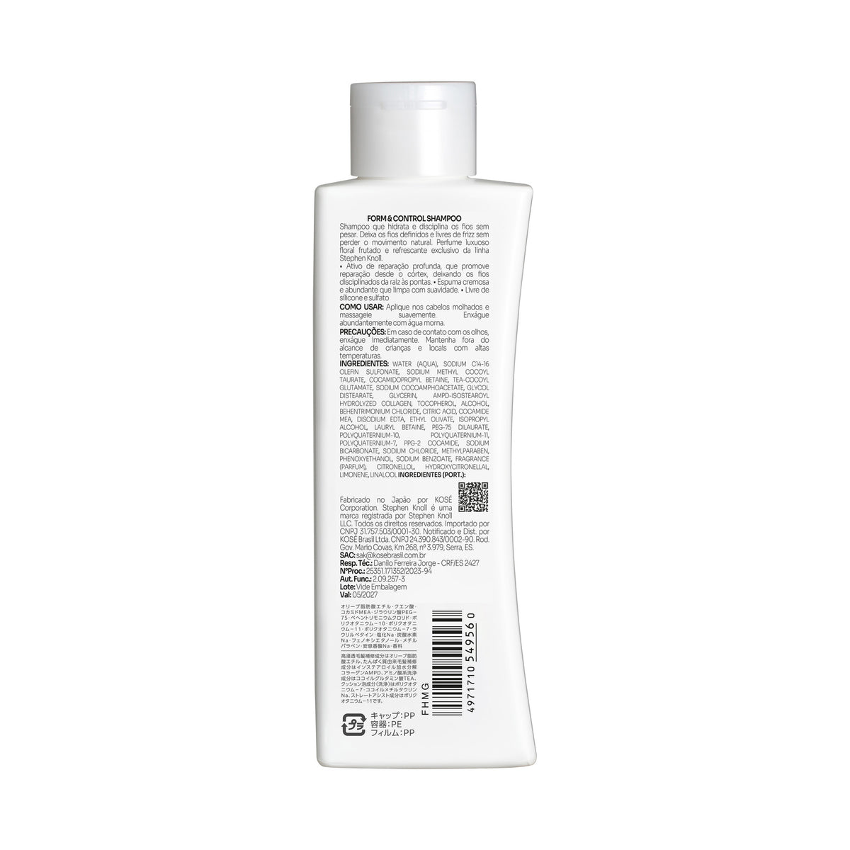Stephen Knoll Form & Control Shampoo, 250 ml bottle, back label with ingredients