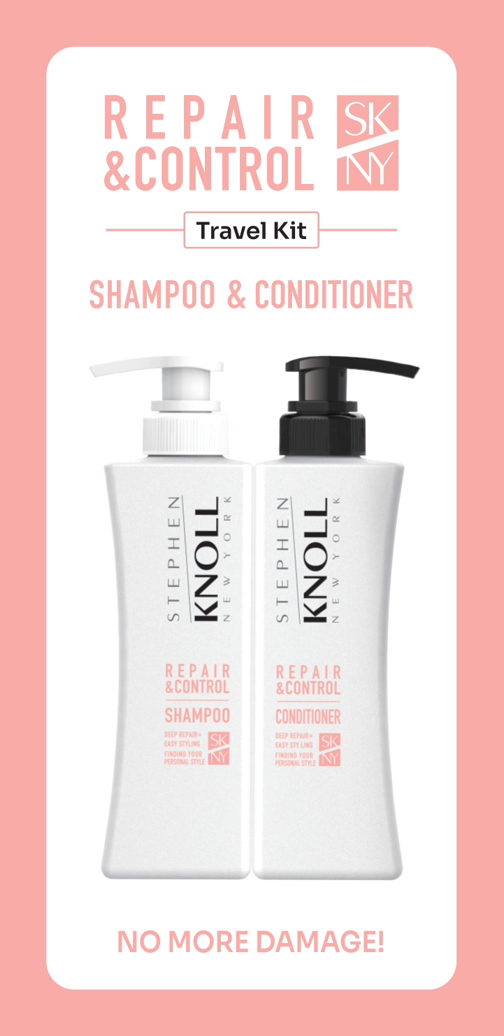 Repair & Control Travel Kit carton front — shampoo and conditioner, Stephen Knoll New York