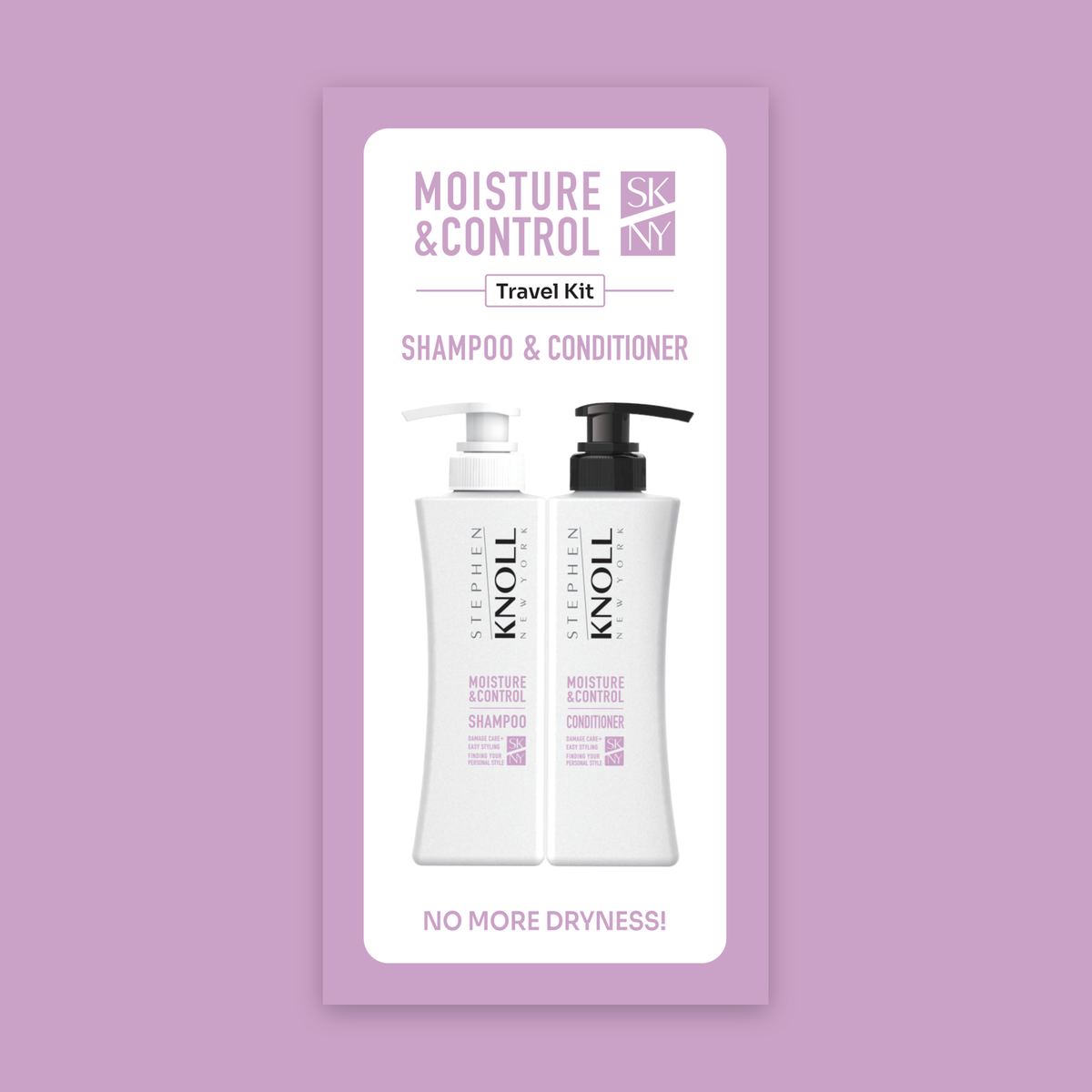 Moisture & Control Travel Kit — carton front on mauve background, Stephen Knoll New York