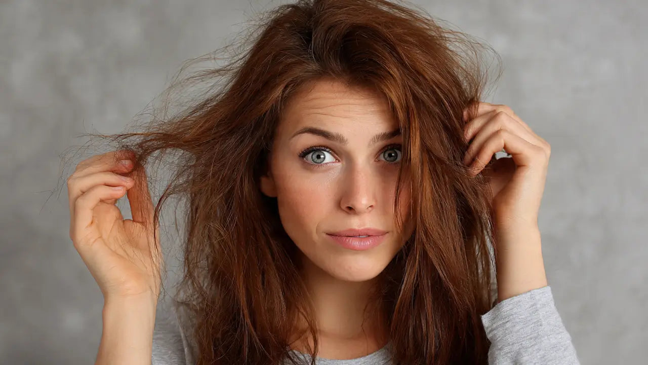 Woman examining visible frizz in red hair while learning how to get rid of frizzy hair.
