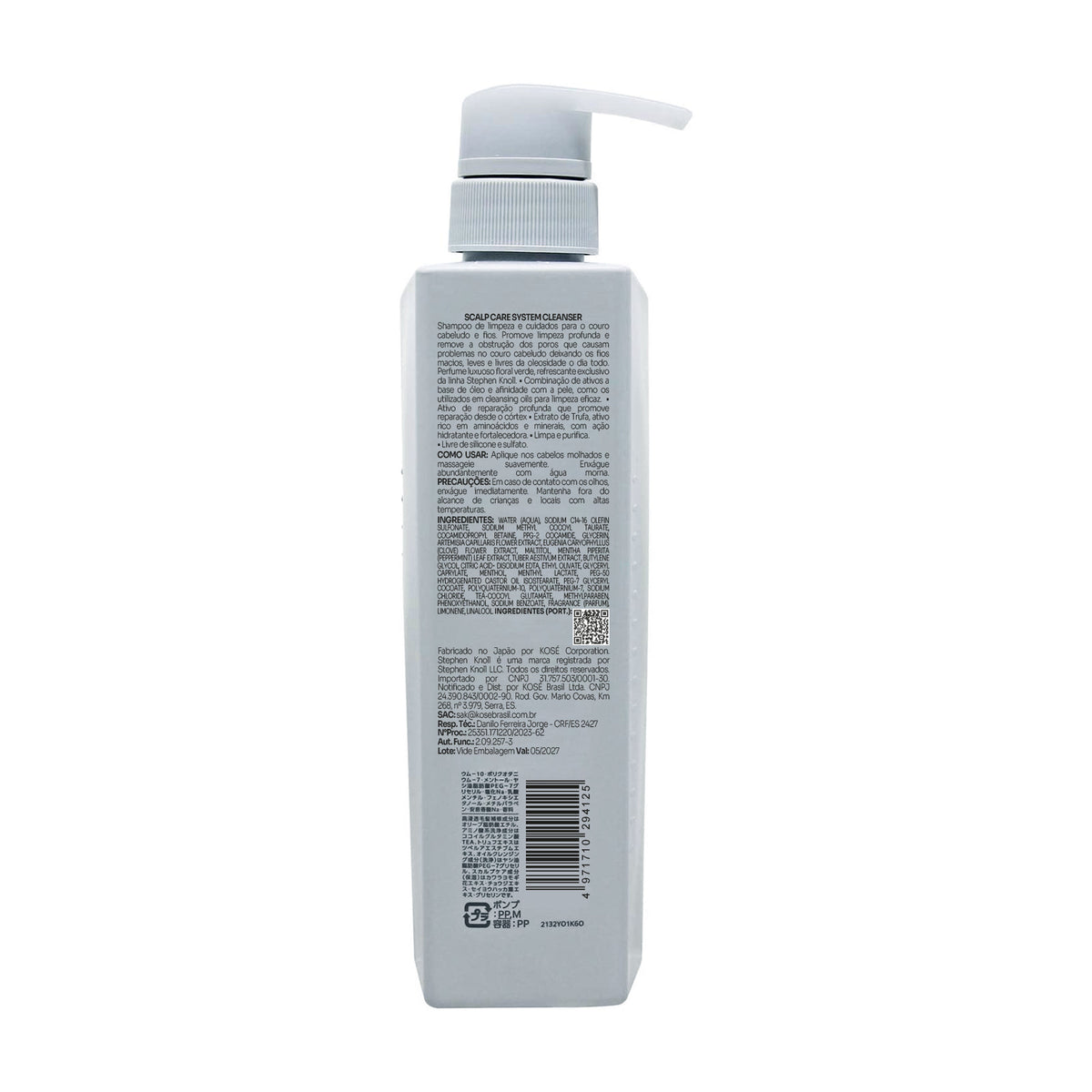Stephen Knoll Scalp Care System Cleanser, 500 ml bottle, back label with ingredients