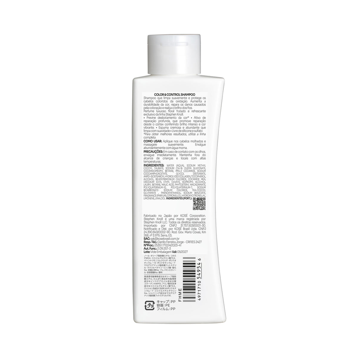 Stephen Knoll Color & Control Shampoo, 250 ml bottle, back label with ingredients