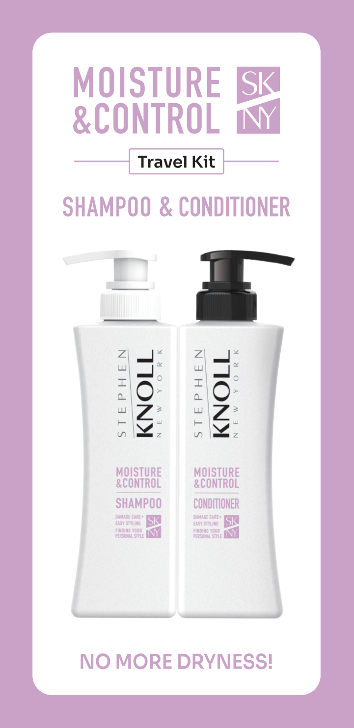 Moisture & Control Travel Kit carton front — shampoo and conditioner, Stephen Knoll New York