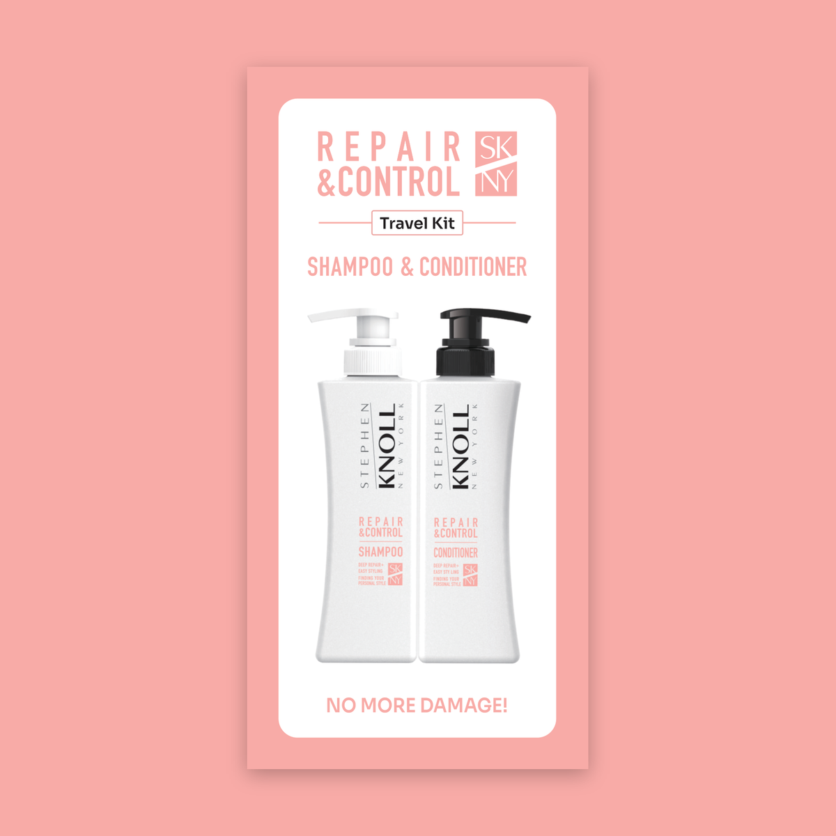 Repair & Control Travel Kit — carton front on coral background, Stephen Knoll New York