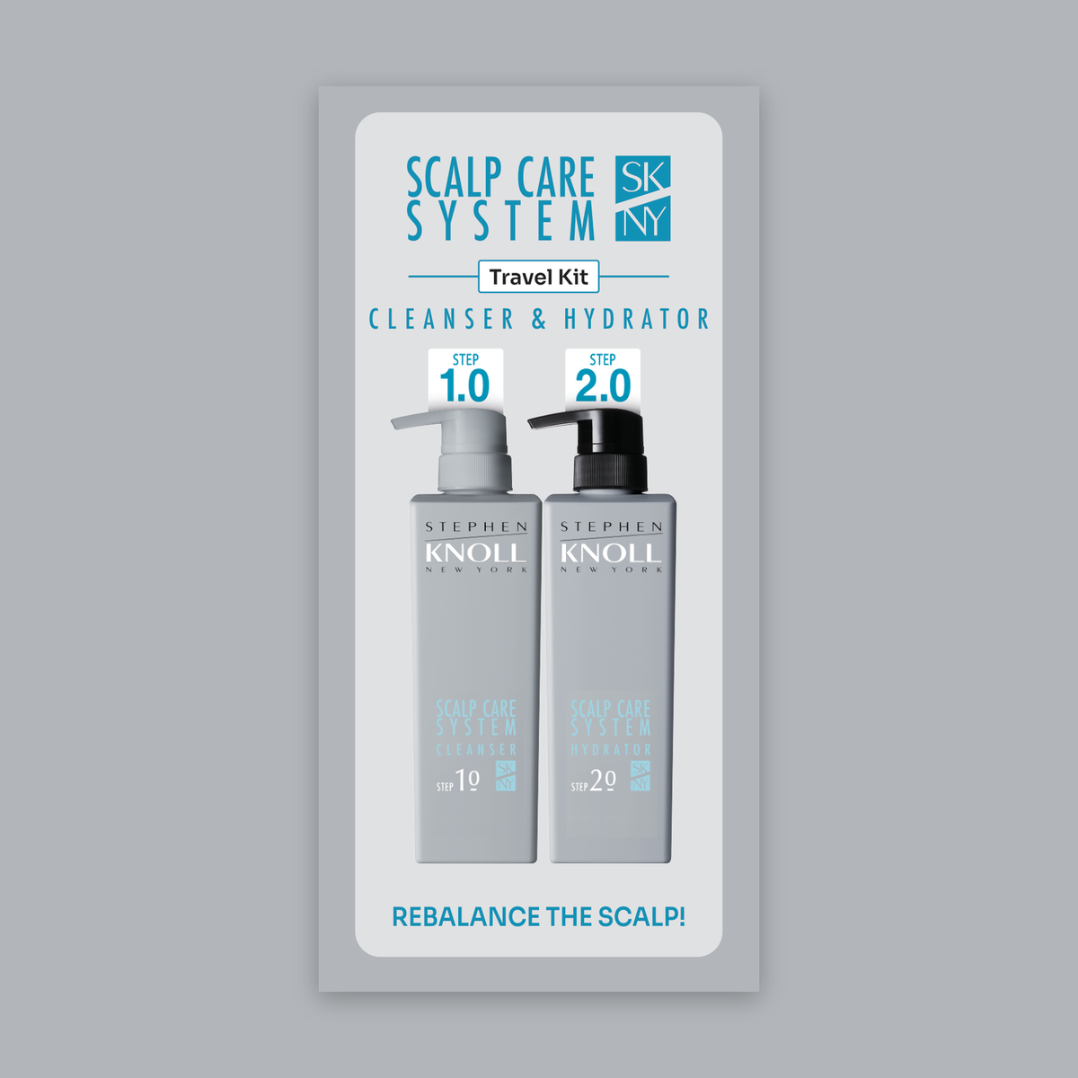 Scalp Care System Travel Kit — carton front on grey background, Stephen Knoll New York